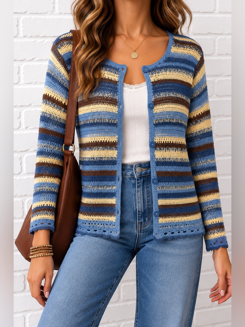 Vintage Y2K Liz Claiborne Crochet Cardigan Blue Brown Striped M